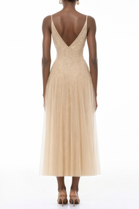 Saga Neutral Pleated Maxi Dress with 3D Petals