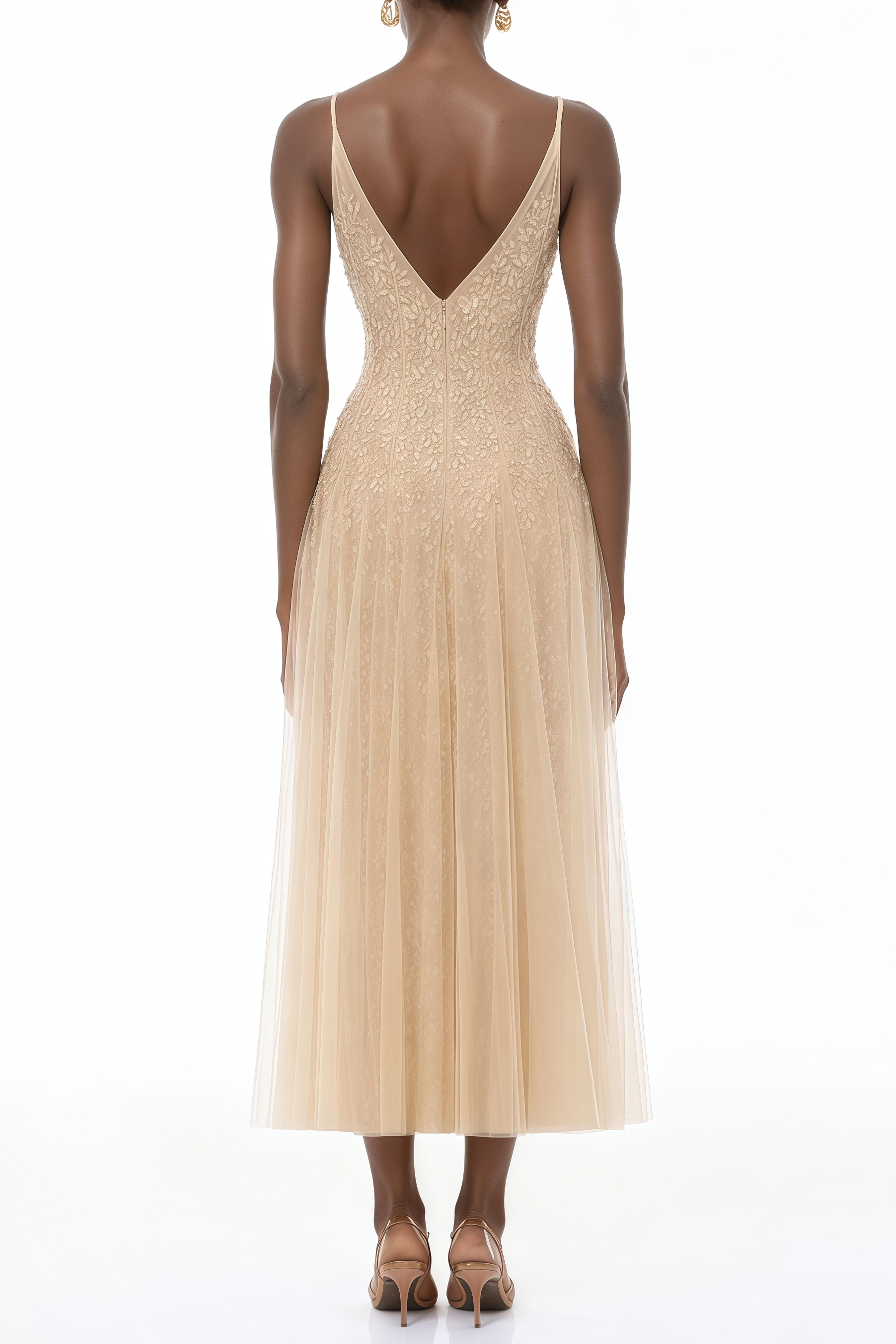 Saga Neutral Pleated Maxi Dress with 3D Petals