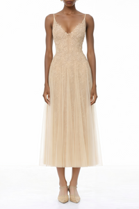 Saga Neutral Pleated Maxi Dress with 3D Petals