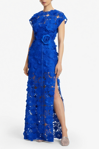 Jochebed Blue Floral Appliqué Maxi Dress witn Cut-Outs