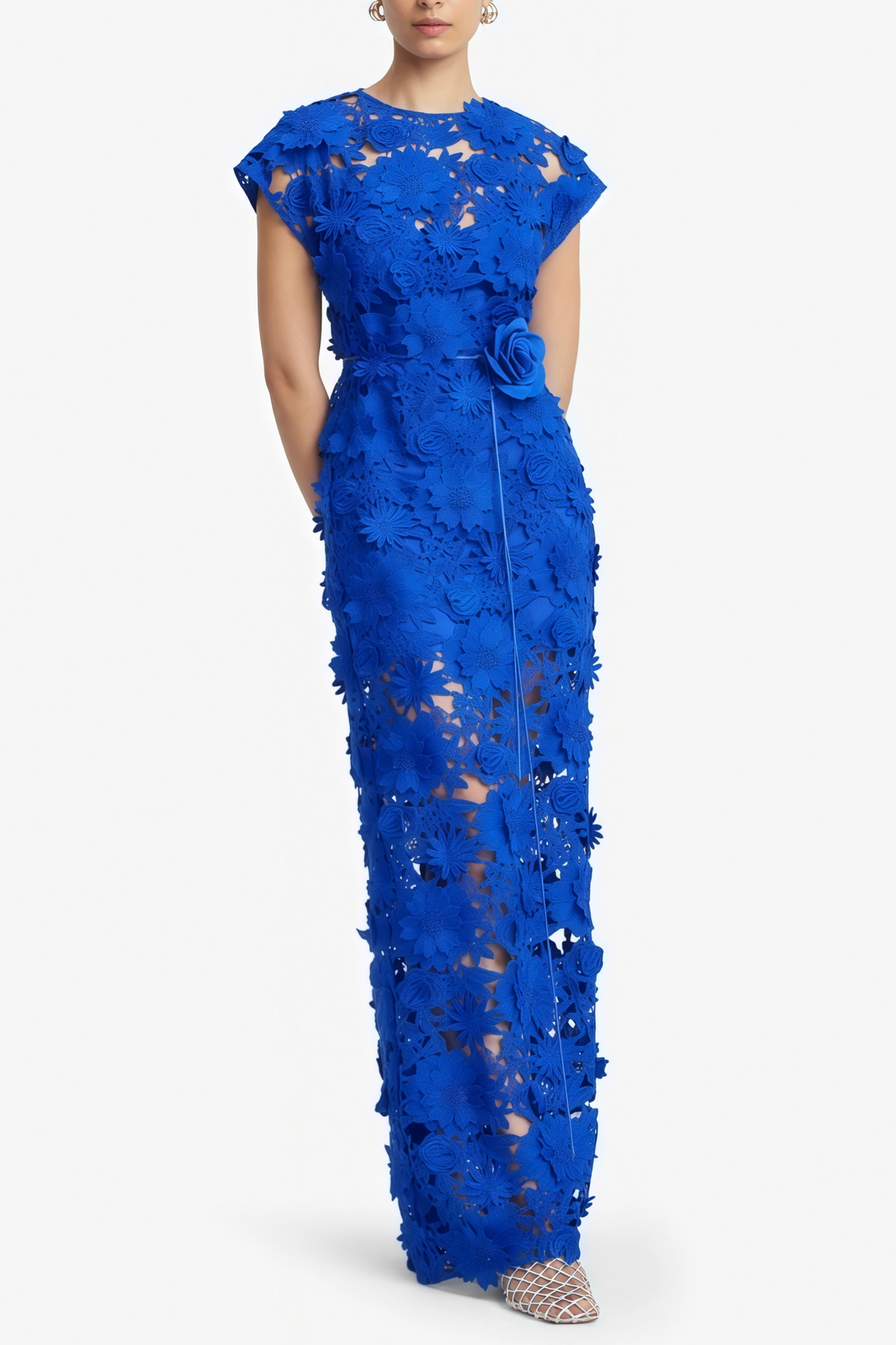 Jochebed Blue Floral Appliqué Maxi Dress witn Cut-Outs