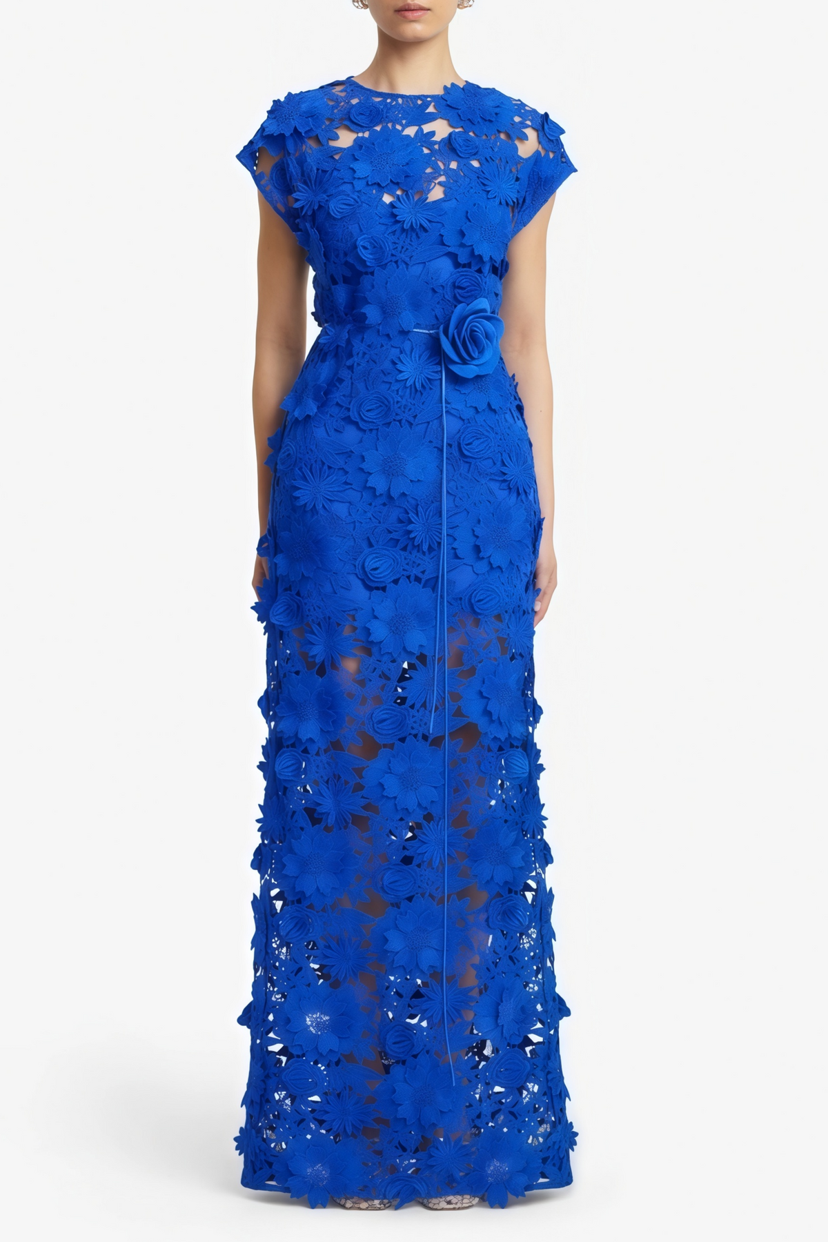 Jochebed Blue Floral Appliqué Maxi Dress witn Cut-Outs