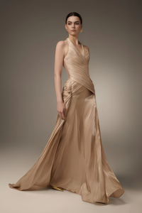 Sapir Bronze Halterneck Satin Maxi Dress with Ribbon