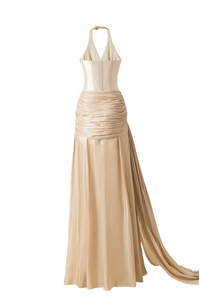Sapir Bronze Halterneck Satin Maxi Dress with Ribbon
