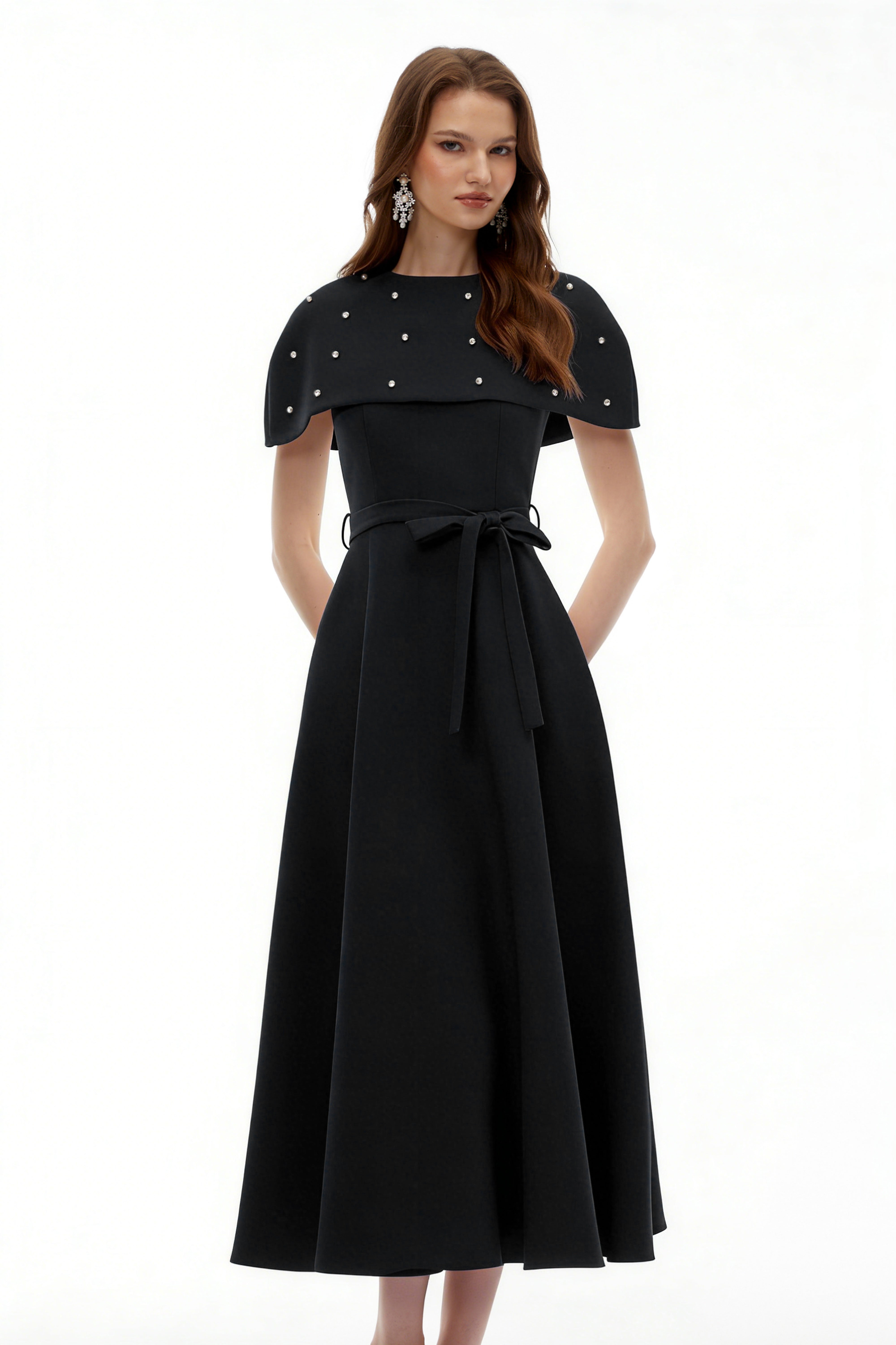 Sawda Black Embellished Midi Dress with Cape