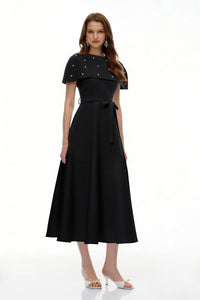Sawda Black Embellished Midi Dress with Cape