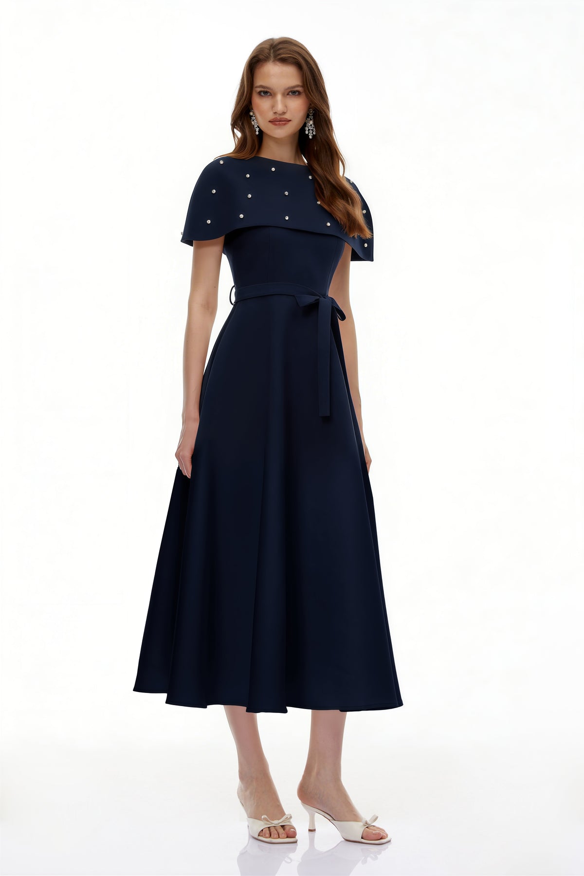 Sawda Blue Embellished Midi Dress with Cape