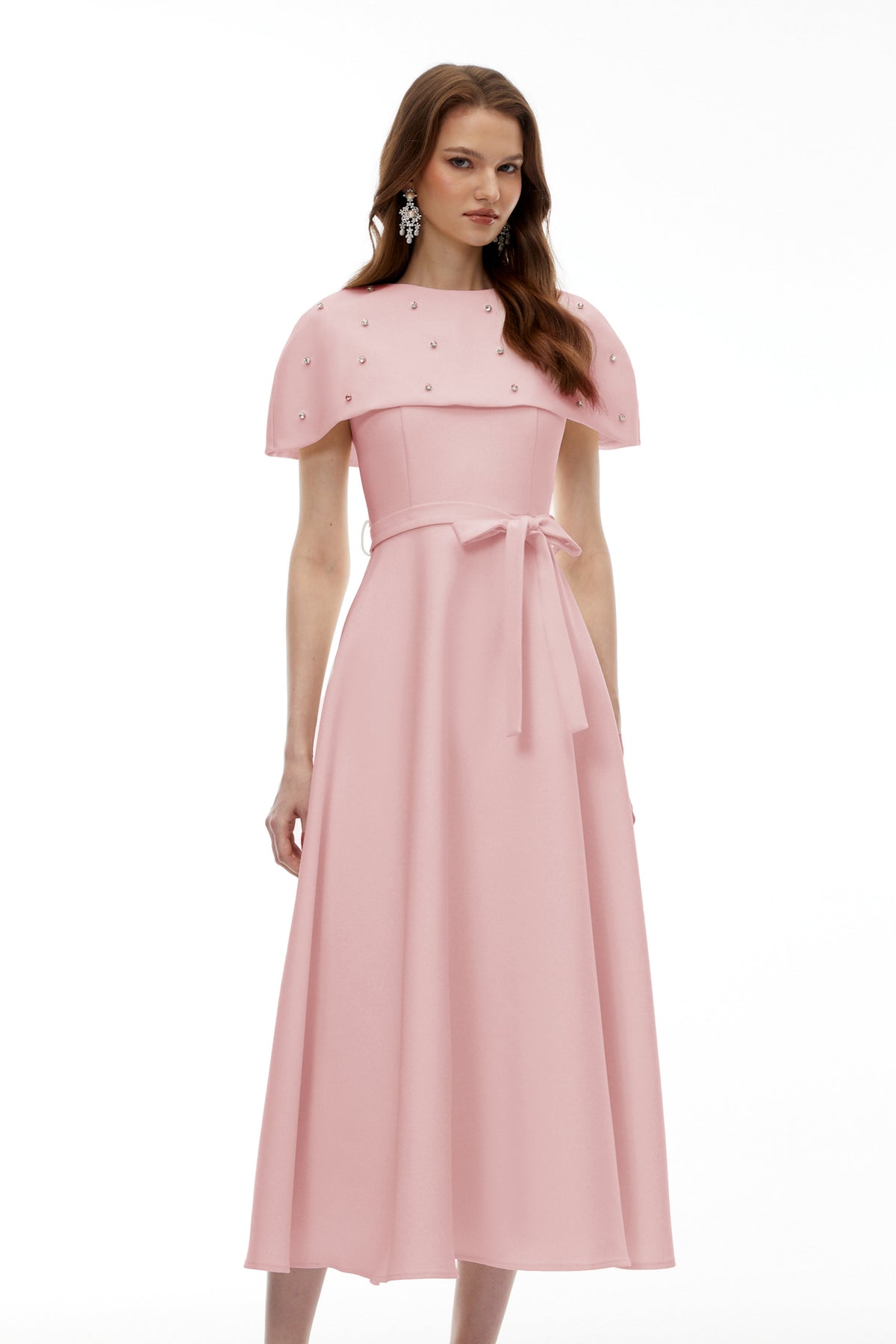 Sawda Pink Embellished Midi Dress with Cape