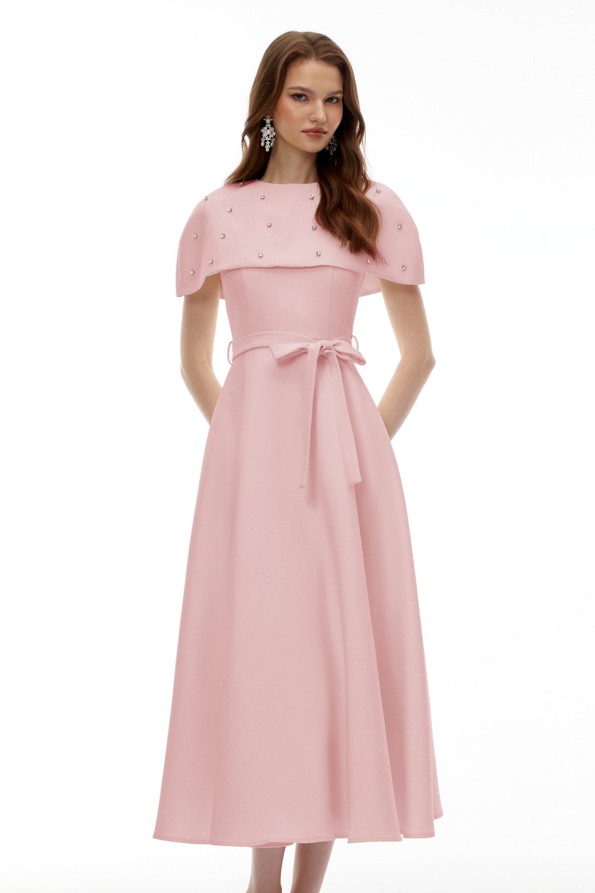 Sawda Pink Embellished Midi Dress with Cape