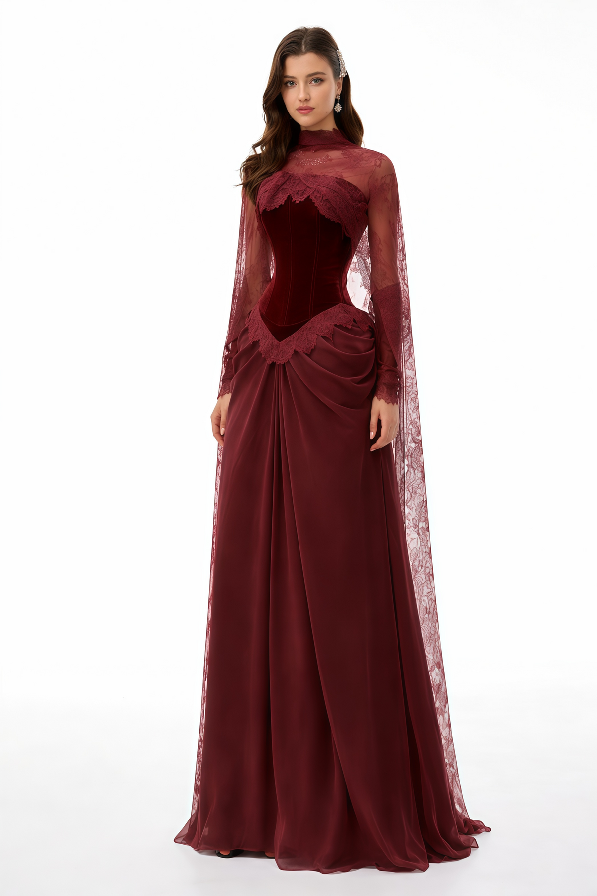 Seraphina Red Floral Lace Maxi Dress with Cape