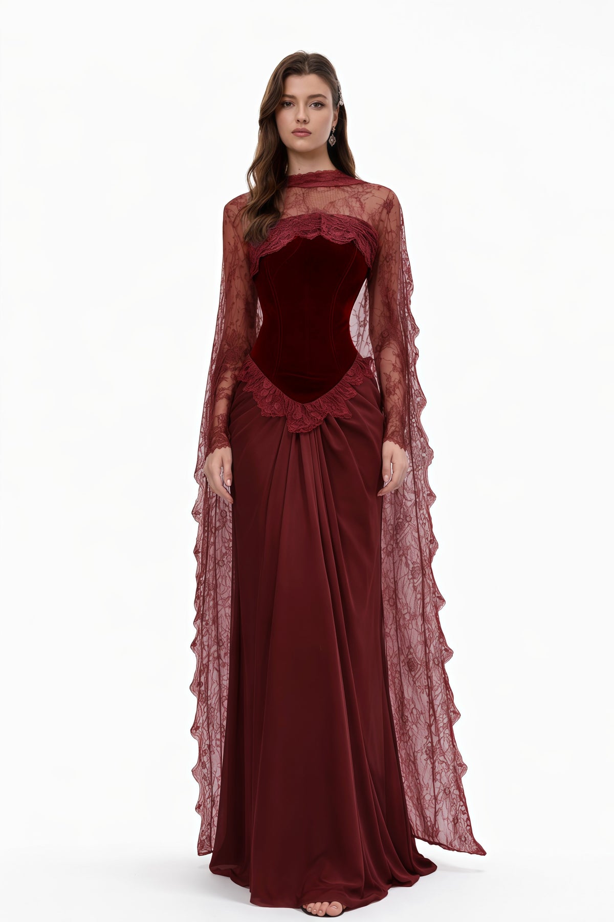 Seraphina Red Floral Lace Maxi Dress with Cape