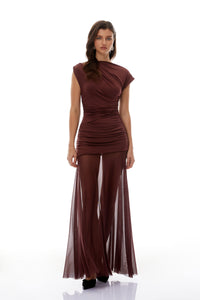 Seren Brown Ruched Tulle Panel Maxi Dress