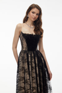 Severine Black Floral Lace Tulle Maxi Dress