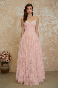Severine Pink Floral Lace Tulle Maxi Dress