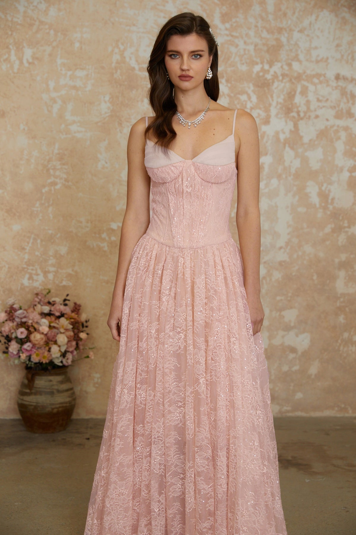 Severine Pink Floral Lace Tulle Maxi Dress
