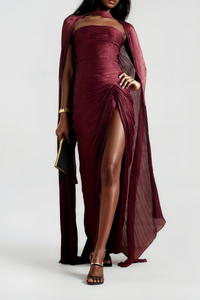 Shifra Burgundy Asymmetrical Cape Maxi Dress
