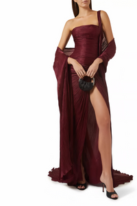 Shifra Burgundy Asymmetrical Cape Maxi Dress