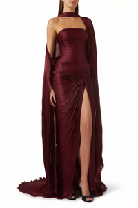 Shifra Burgundy Asymmetrical Cape Maxi Dress