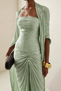 Shifra Green Asymmetrical Cape Maxi Dress