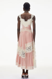 Shira Pink Color Block Maxi Dress with Lace Panels