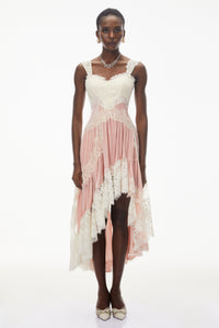 Shira Pink Color Block Maxi Dress with Lace Panels