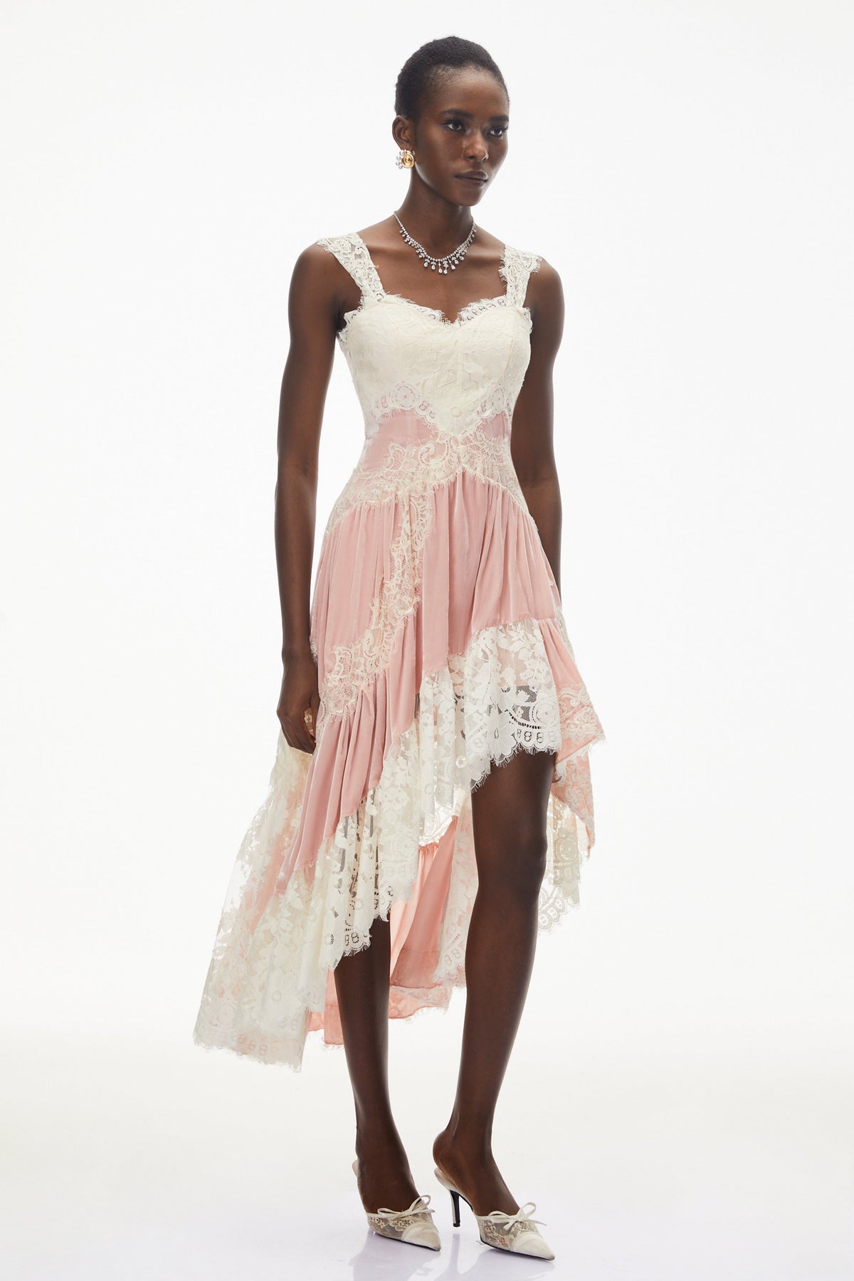 Shira Pink Color Block Maxi Dress with Lace Panels