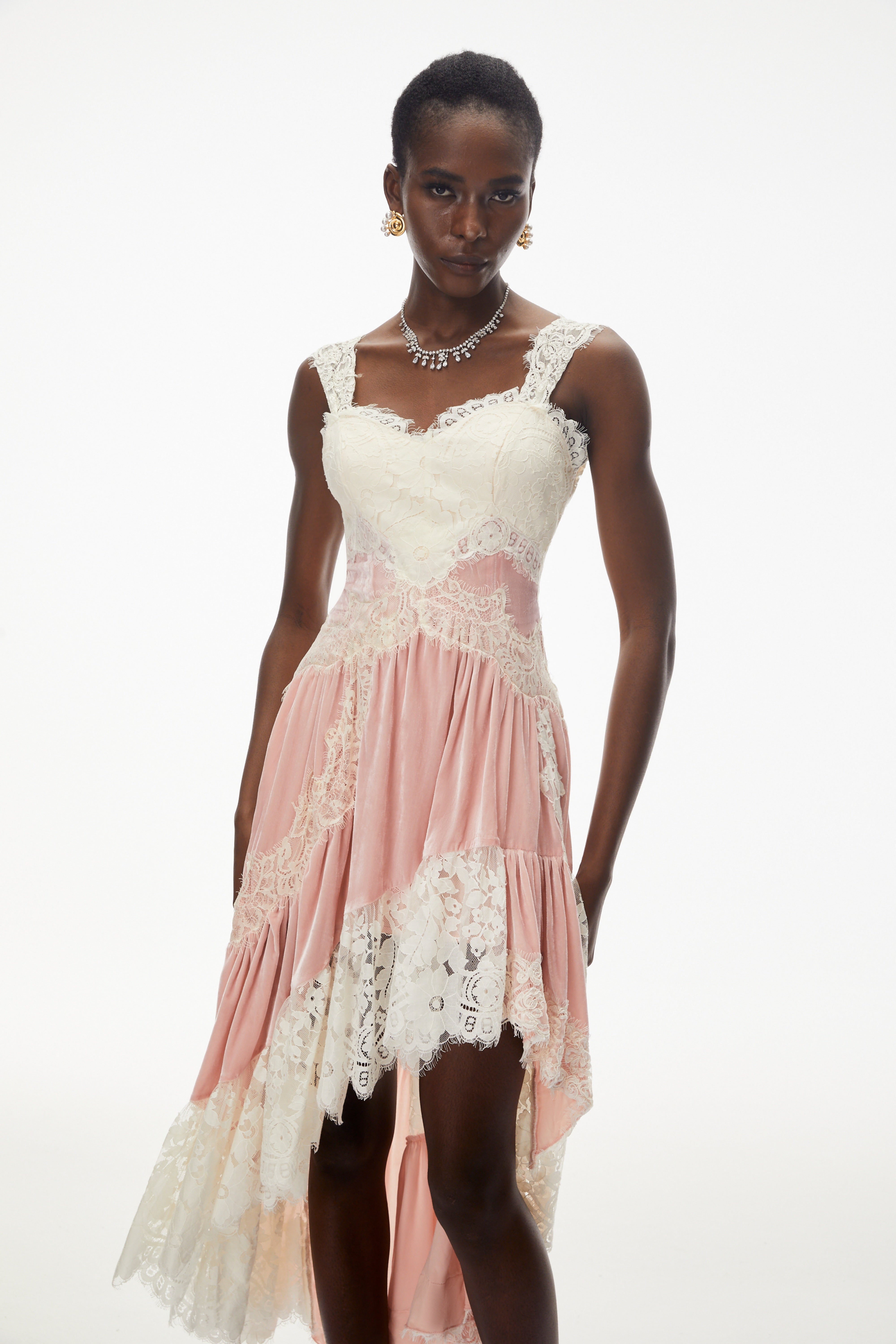 Shira Pink Color Block Maxi Dress with Lace Panels