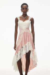 Shira Pink Color Block Maxi Dress with Lace Panels