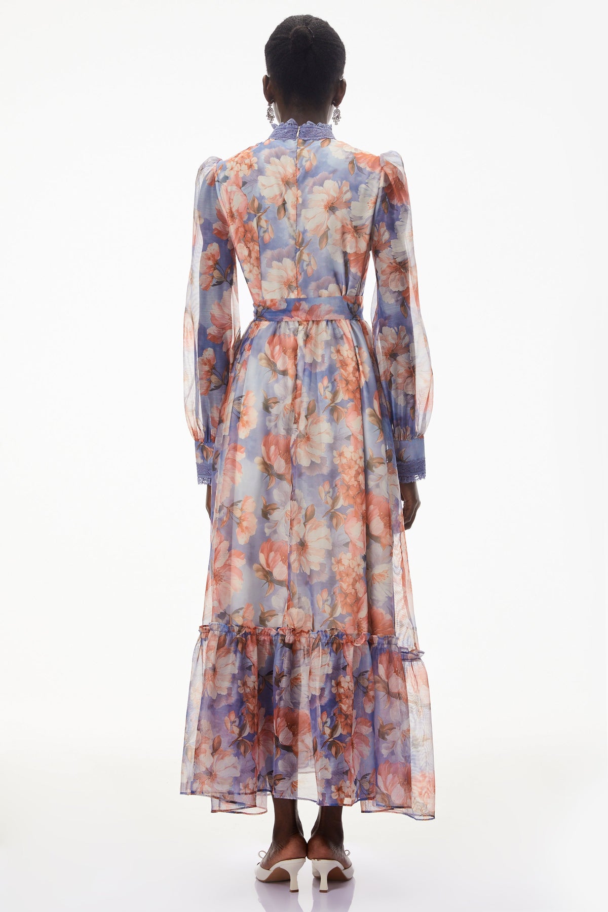 Sibyl Blue Floral Print Lace Trim Maxi Dress