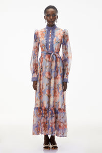 Sibyl Blue Floral Print Lace Trim Maxi Dress