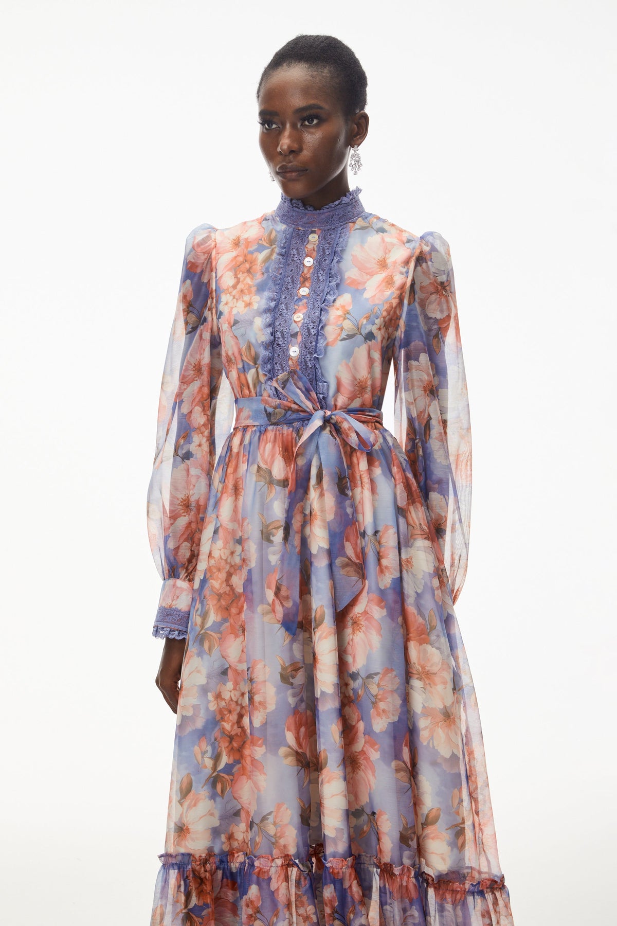 Sibyl Blue Floral Print Lace Trim Maxi Dress