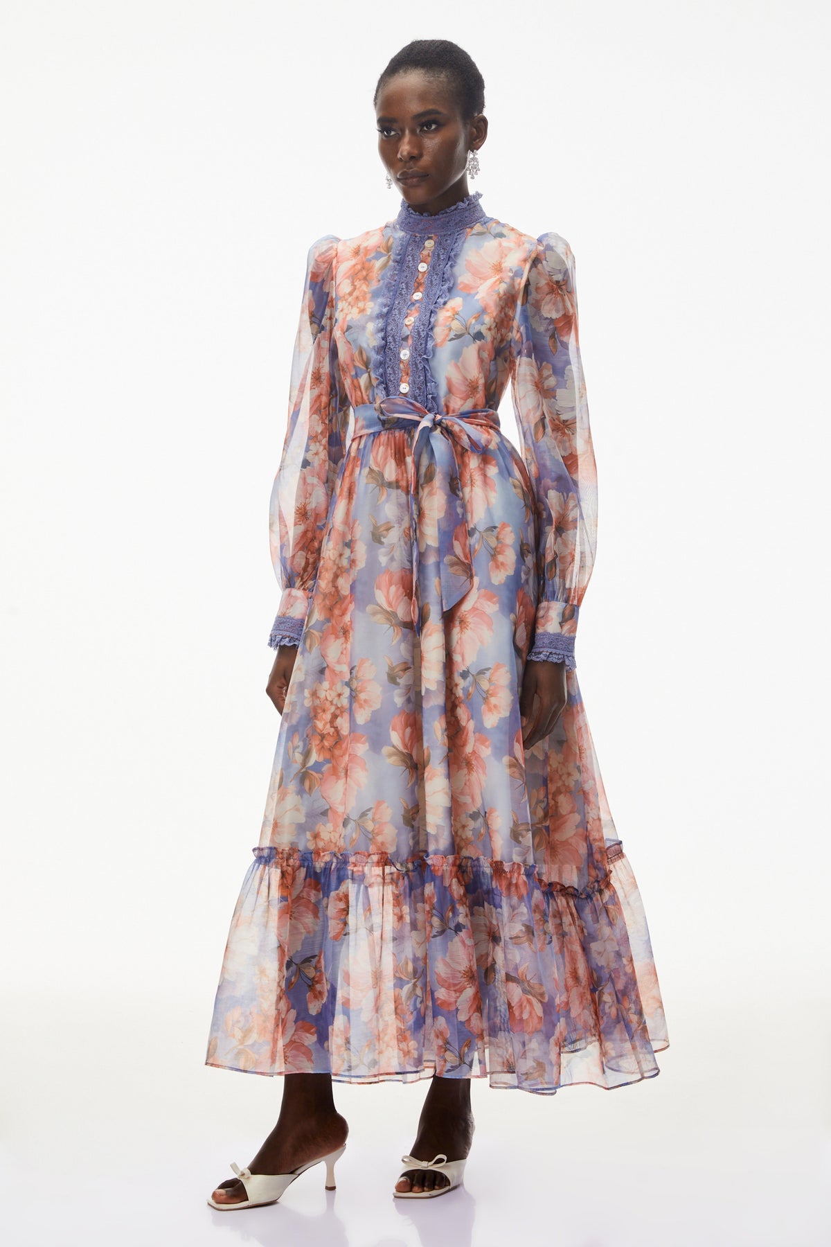 Sibyl Blue Floral Print Lace Trim Maxi Dress