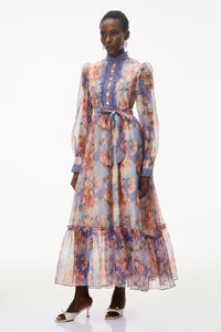 Sibyl Blue Floral Print Lace Trim Maxi Dress