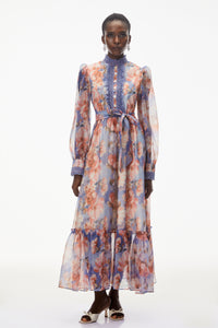 Sibyl Blue Floral Print Lace Trim Maxi Dress