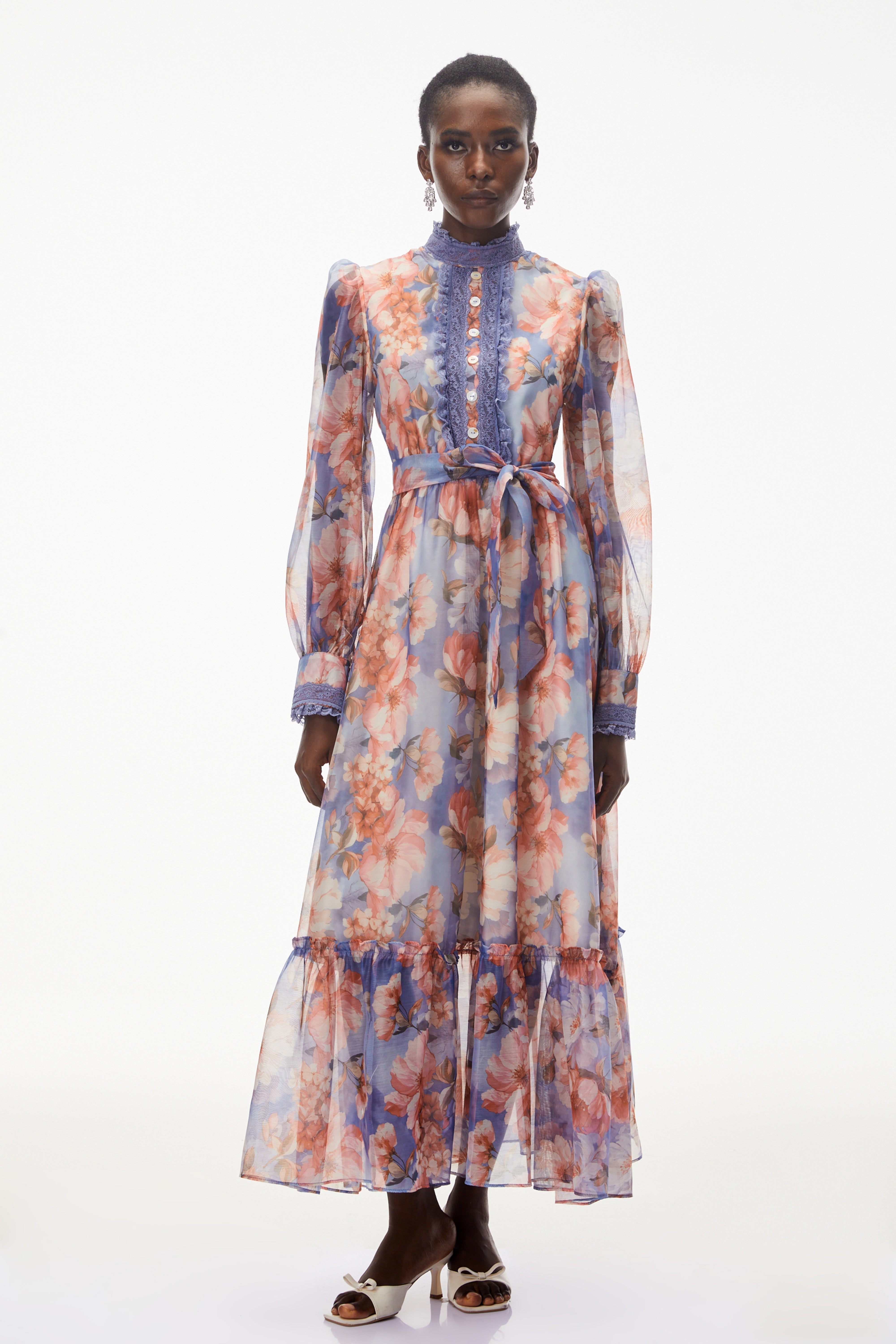 Sibyl Blue Floral Print Lace Trim Maxi Dress