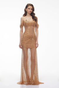 Sigal Gold Chain Embellished Ruched Maxi Dress