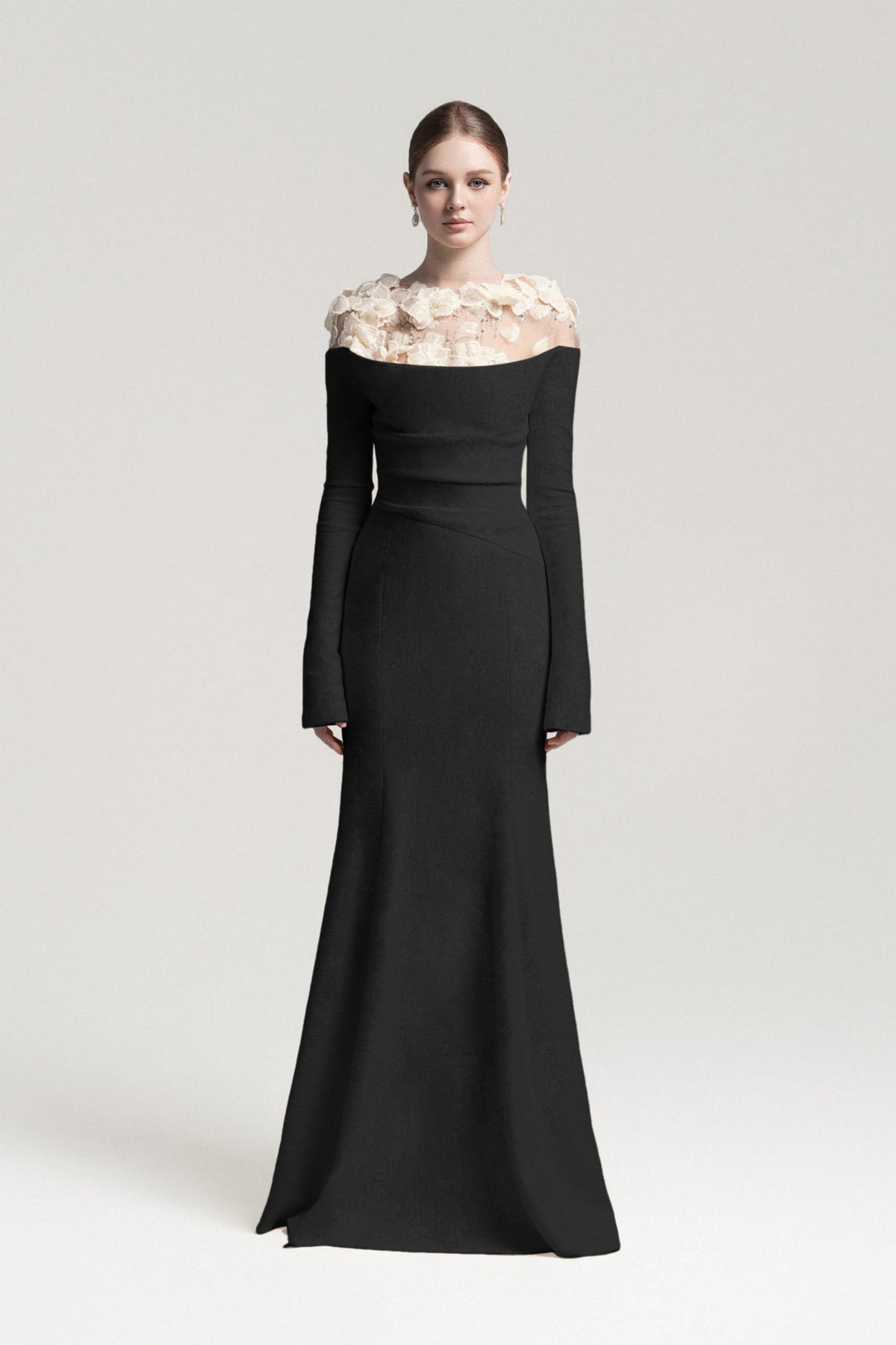 Silvia Black Floral Appliqué Off-Shoulder Gown