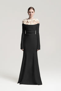 Silvia Black Floral Appliqué Off-Shoulder Gown