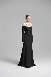 Silvia Black Floral Appliqué Off-Shoulder Gown