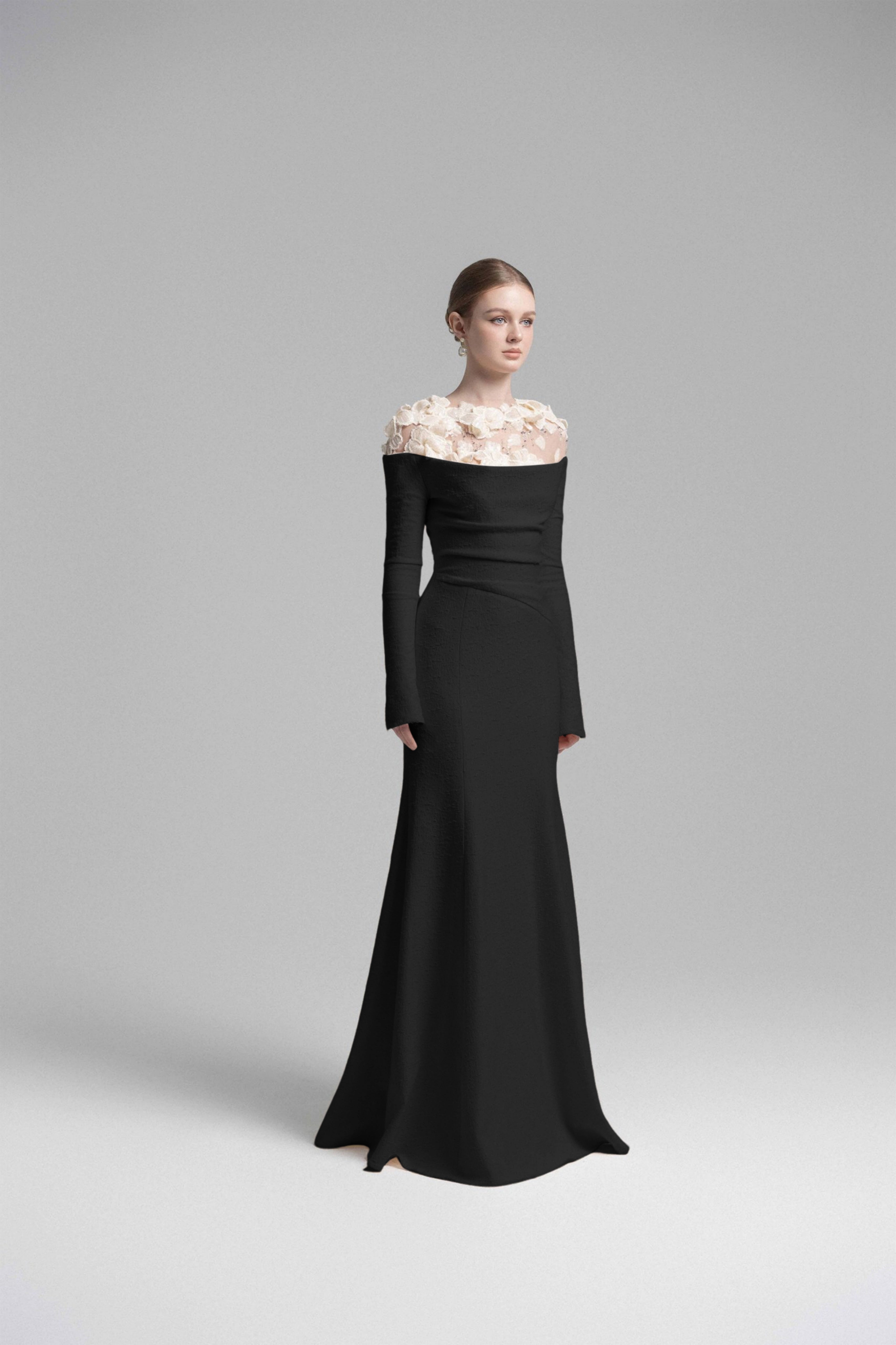 Silvia Black Floral Appliqué Off-Shoulder Gown