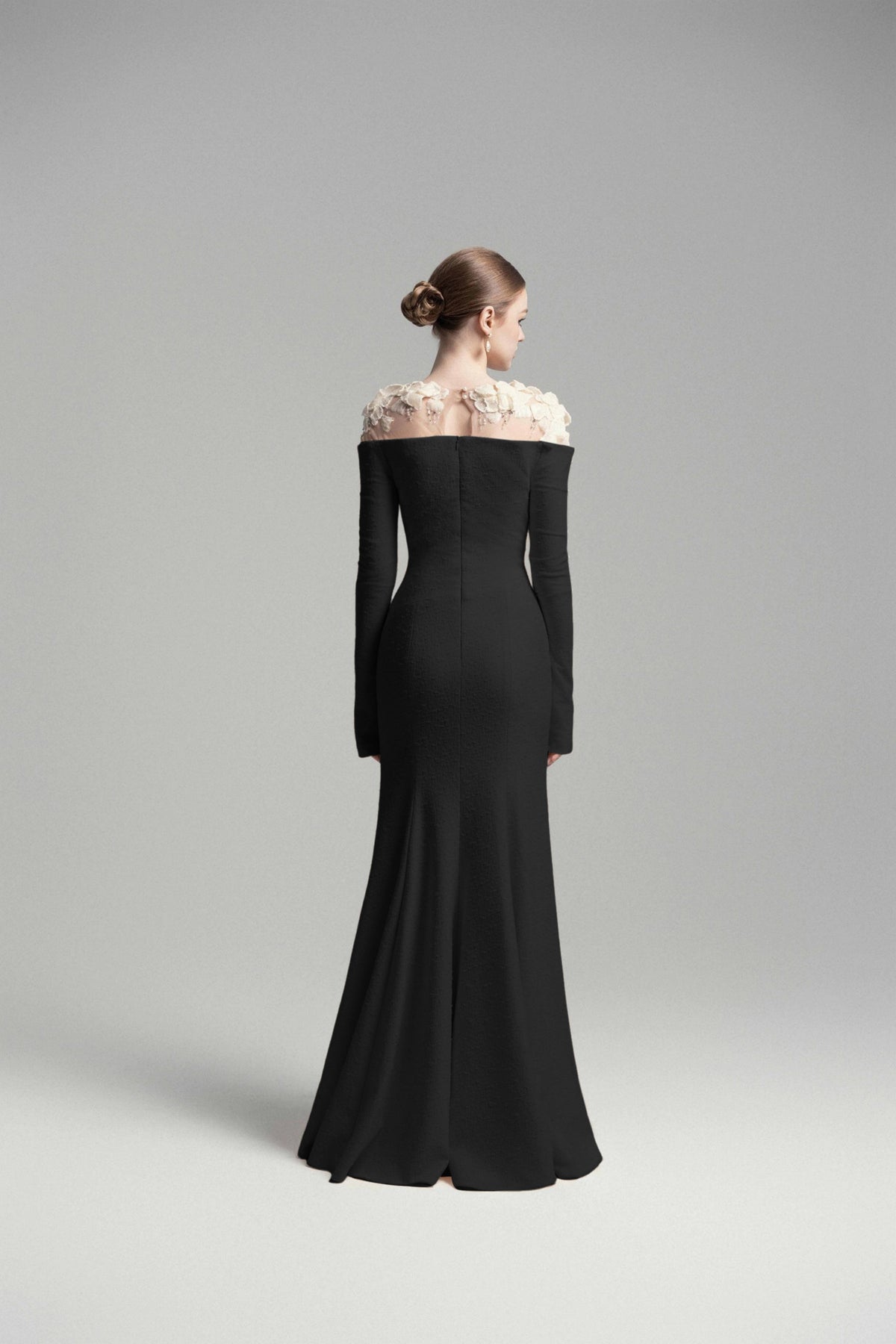 Silvia Black Floral Appliqué Off-Shoulder Gown