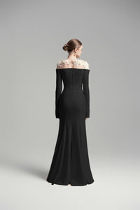 Silvia Black Floral Appliqué Off-Shoulder Gown