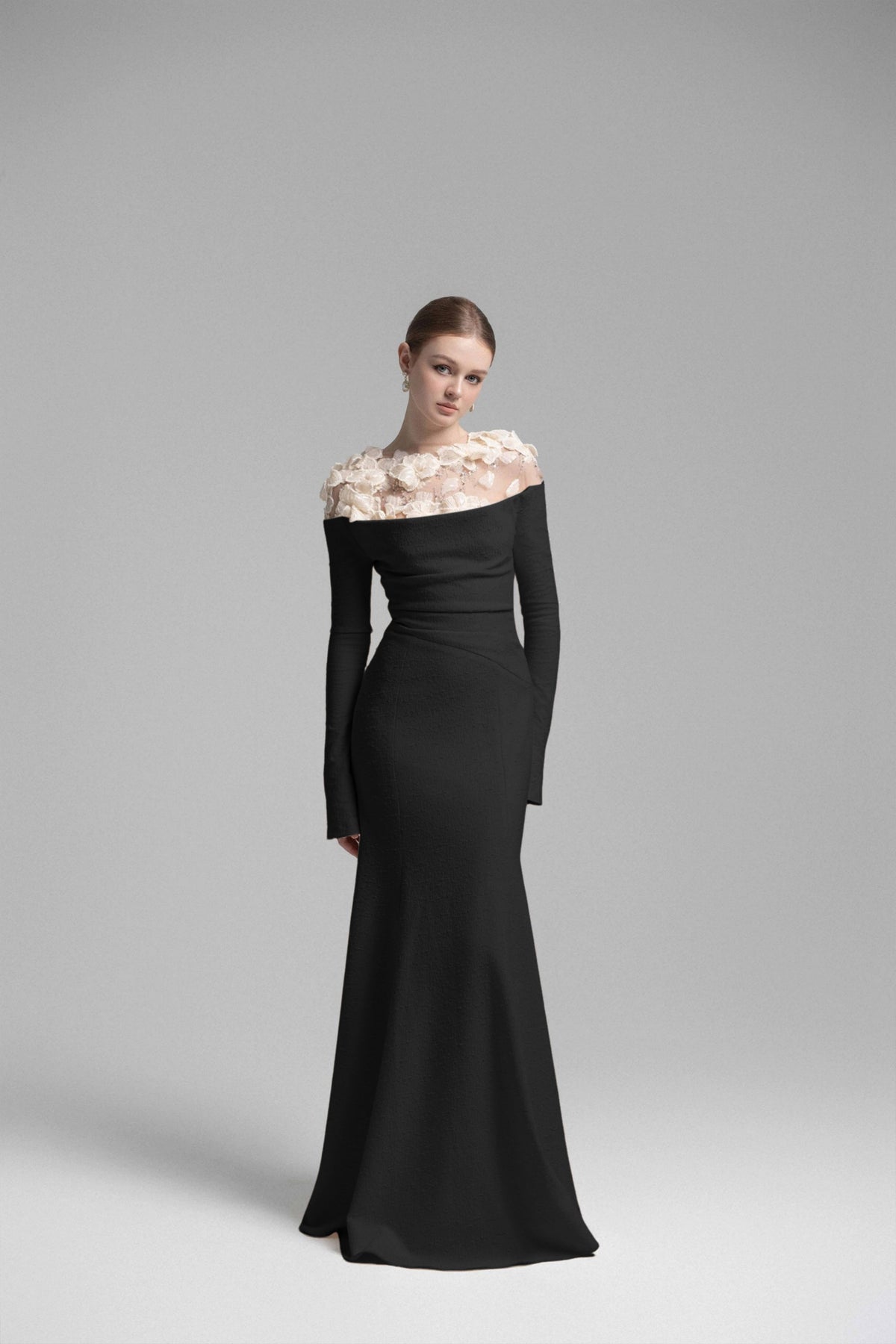 Silvia Black Floral Appliqué Off-Shoulder Gown