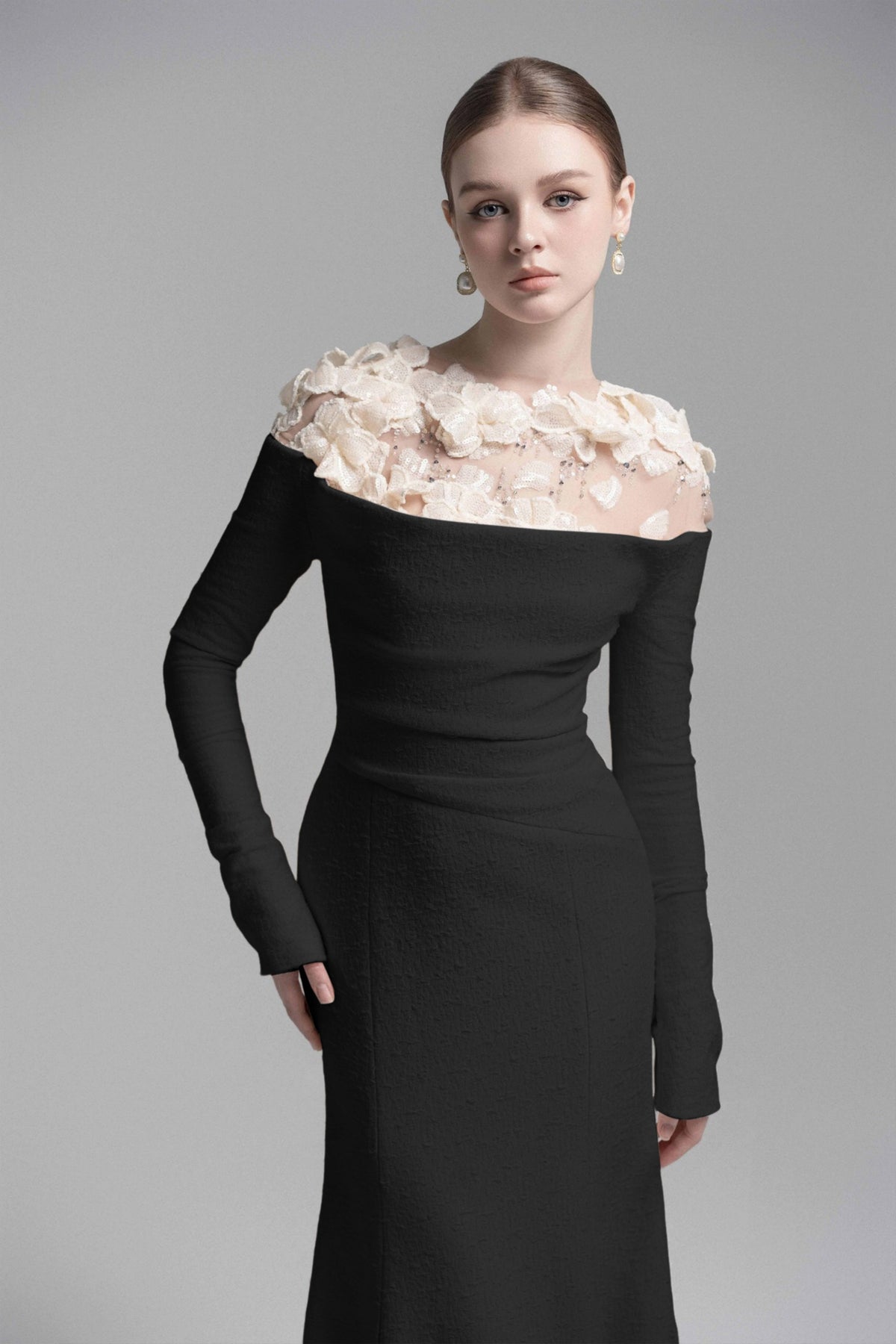 Silvia Black Floral Appliqué Off-Shoulder Gown