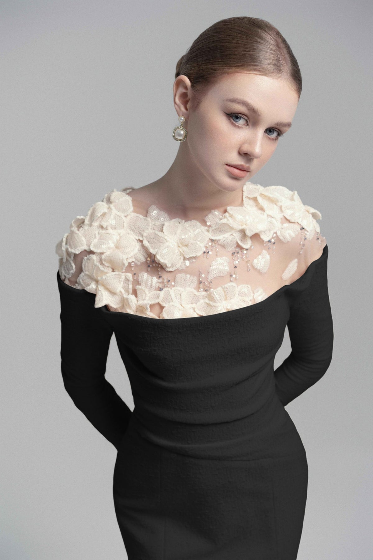 Silvia Black Floral Appliqué Off-Shoulder Gown