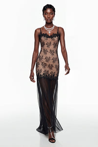 Sisanda Black Tulle Maxi Dress with Lace Panels