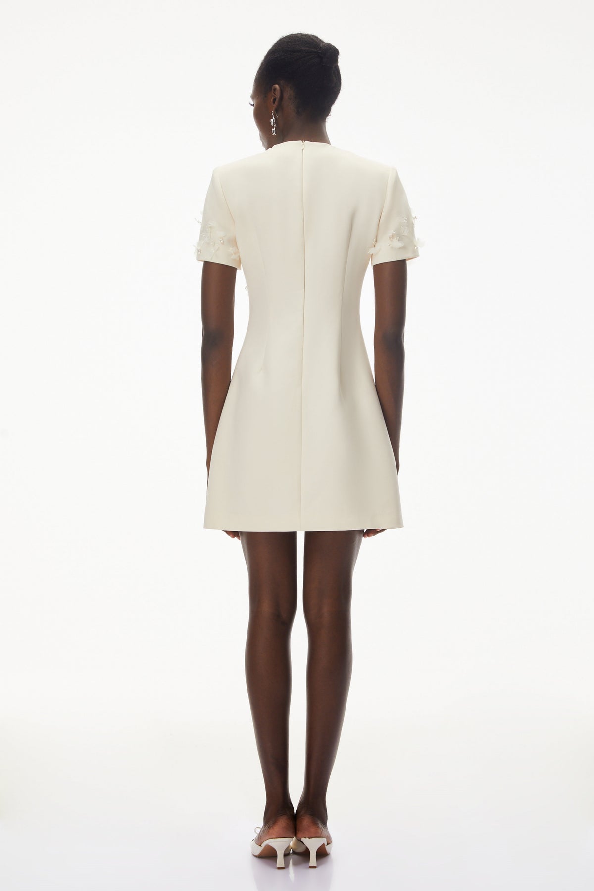 Skye Ivory Round Neck Mini Dress with Floral Applique