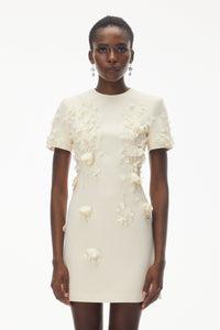Skye Ivory Round Neck Mini Dress with Floral Applique