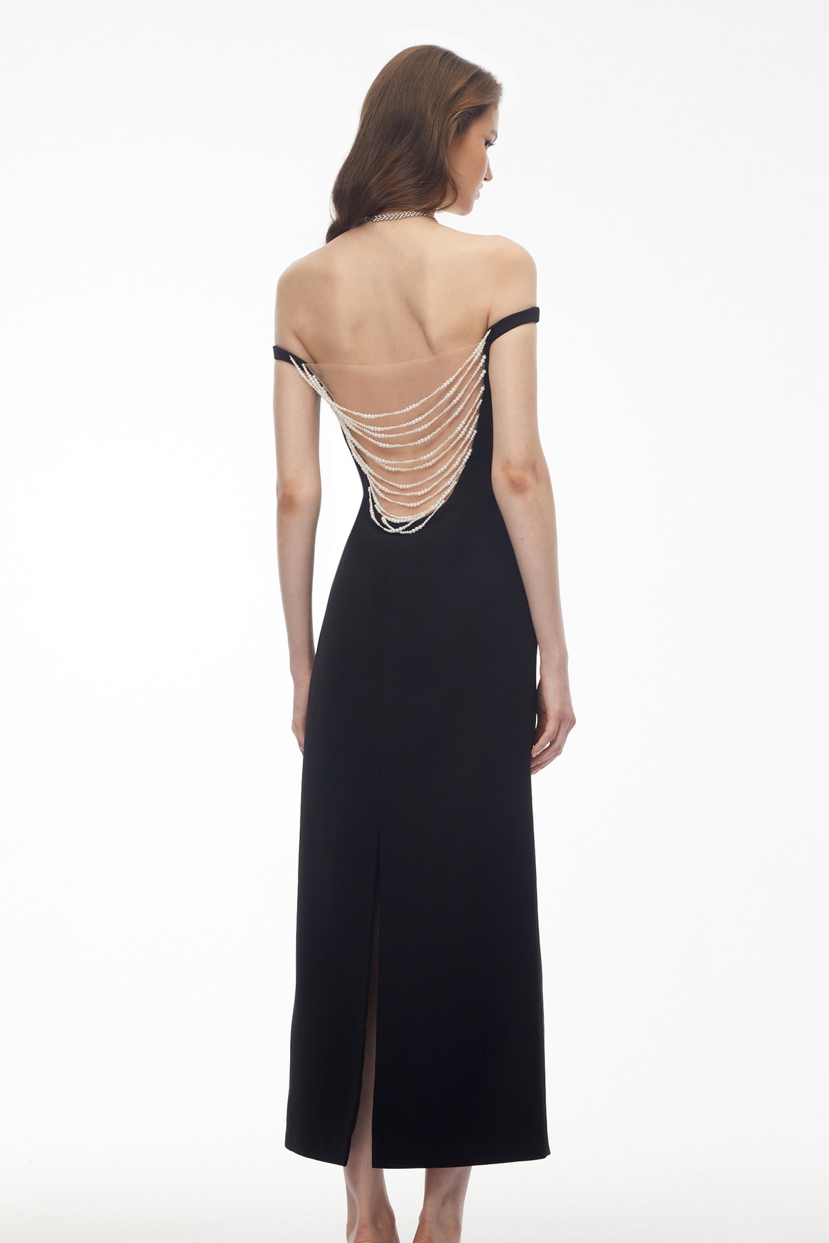Sofia Black Off Shoulder Backless Maxi Dress with Pearl Chain