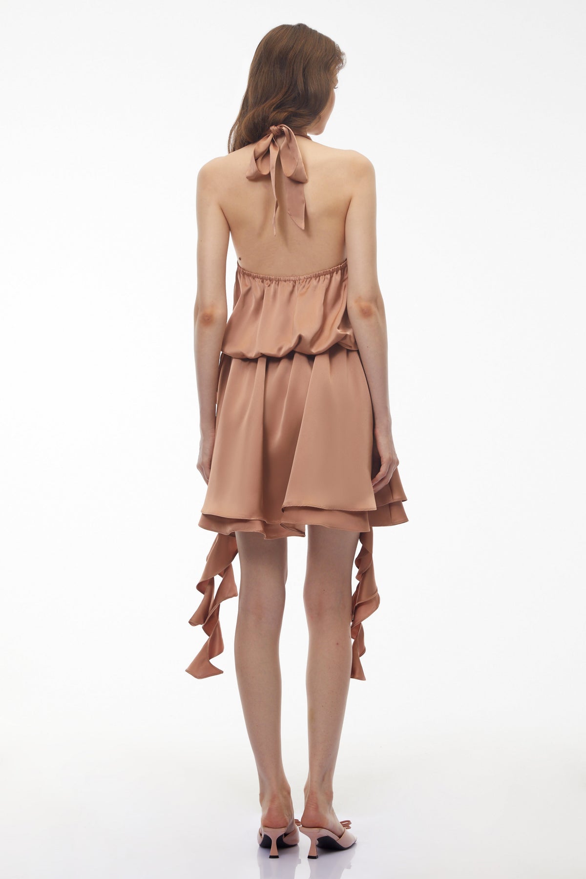 Solange Camel Halterneck Ruched Mini Dress with 3D Florals
